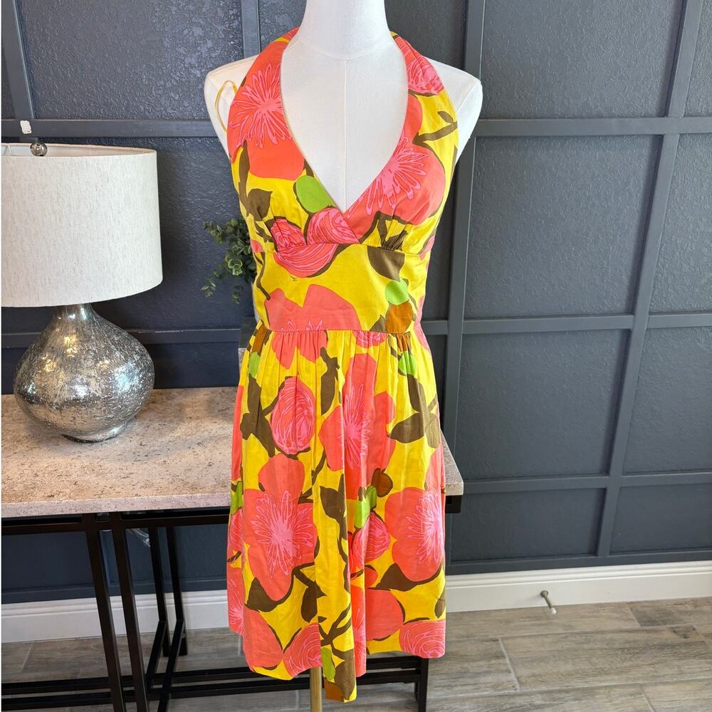 Trina Turk Floral Yellow Coral Pink Halter Fit Flare 1960's Mini Dress Size 4